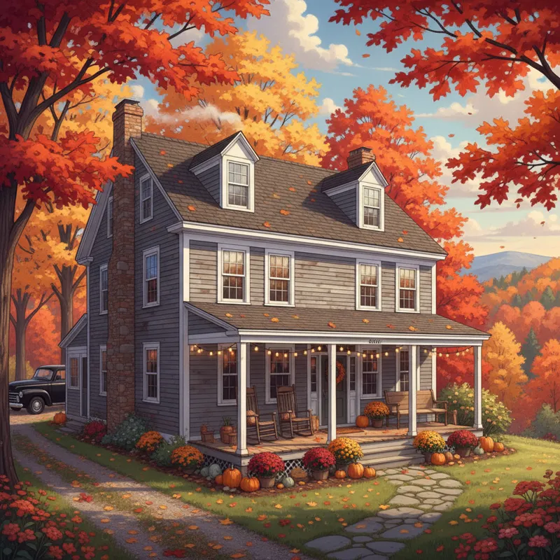 A cozy, historic Vermont Bed and Breakfast exterior in autumn, with colorful foliage, a welcoming porch, and a classic New England architectural style