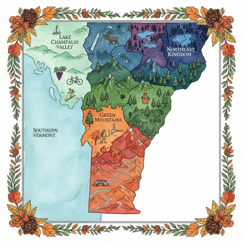 A vibrant map of Vermont highlighting its distinct regions (e.g., Lake Champlain Valley, Green Mountains, Northeast Kingdom, Southern Vermont) with sm