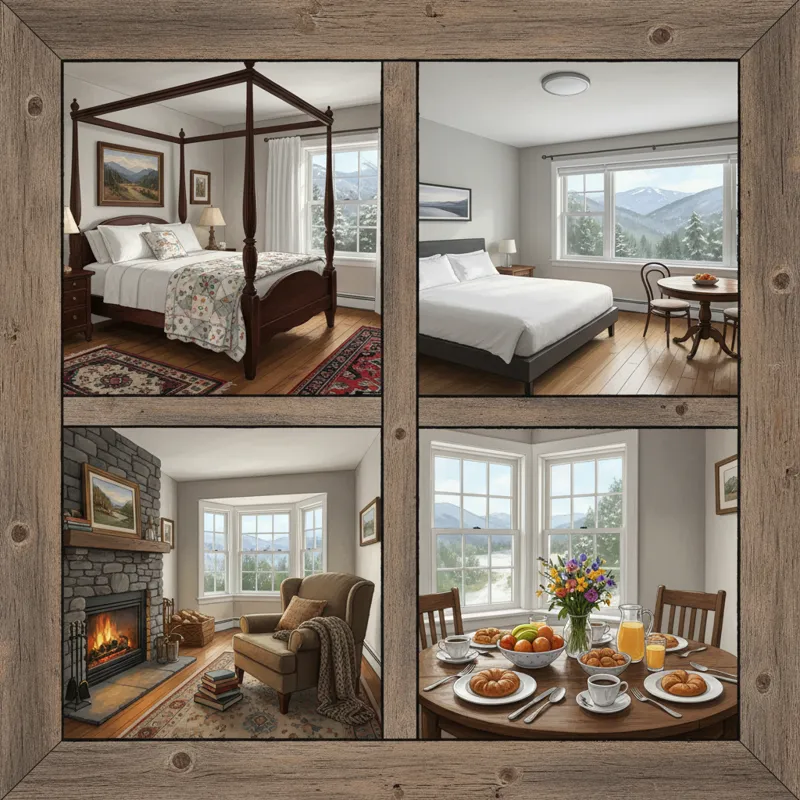 A collage of diverse Vermont B&B interiors: one with a historic four-poster bed, another with a modern minimalist design, a cozy reading nook with a f