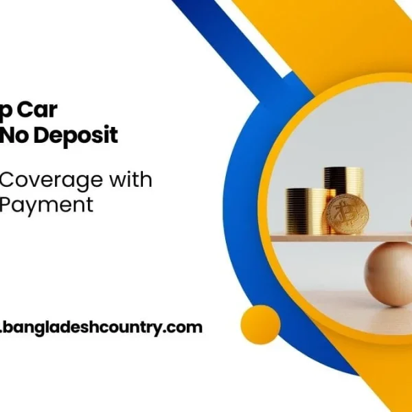 Advertisement for 'Very Cheap Car Insurance No Deposit' featuring stacks of gold coins and a Bitcoin on one side of a wooden seesaw balancing a wooden toy car on the other, symbolizing affordable coverage with zero down payment.