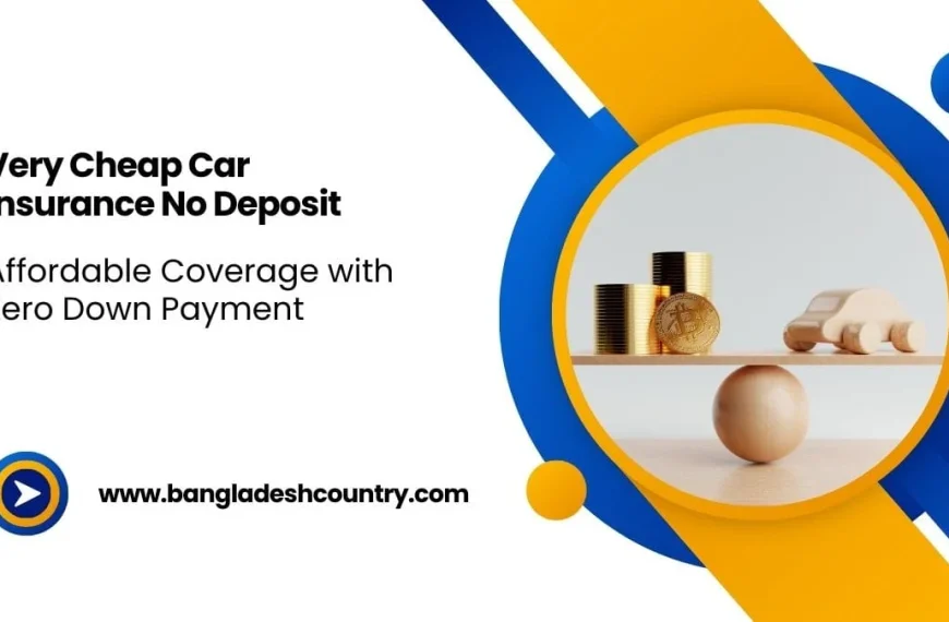 Advertisement for 'Very Cheap Car Insurance No Deposit' featuring stacks of gold coins and a Bitcoin on one side of a wooden seesaw balancing a wooden toy car on the other, symbolizing affordable coverage with zero down payment.