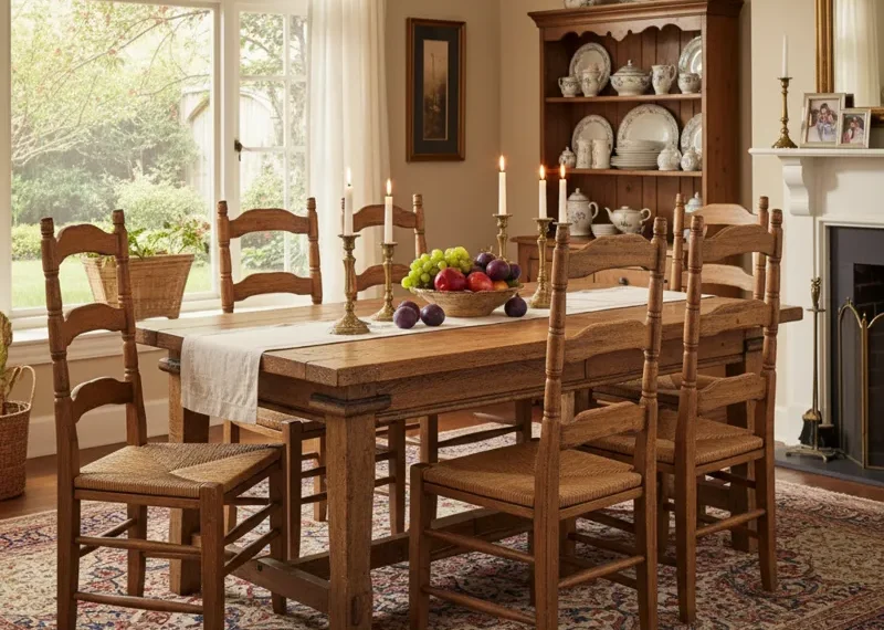 Vintage Ethan Allen dining table and four matching chairs, solid wood, mid-century modern style, light finish.