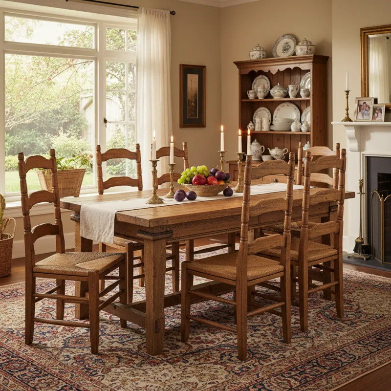 Vintage Ethan Allen dining table and four matching chairs, solid wood, mid-century modern style, light finish.