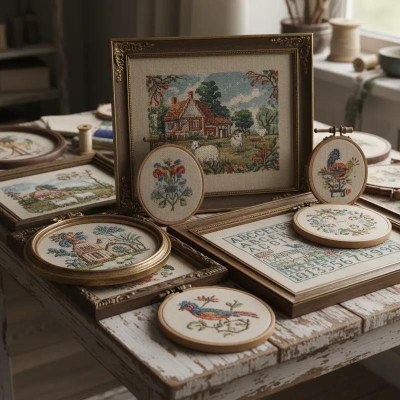 A collection of various vintage framed embroidery pieces on a distressed wooden table, showcasing different styles and ages, with soft, diffused light
