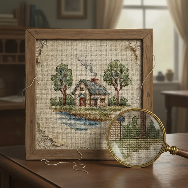 Close-up of an old, slightly faded piece of framed cross-stitch embroidery, showing natural wear, specific stitching, and the texture of the fabric, w