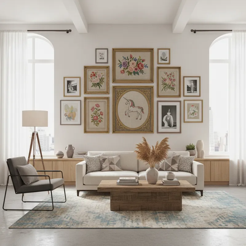 A stylish living room with a mix of modern furniture and a carefully curated gallery wall featuring several vintage framed embroidery pieces alongside