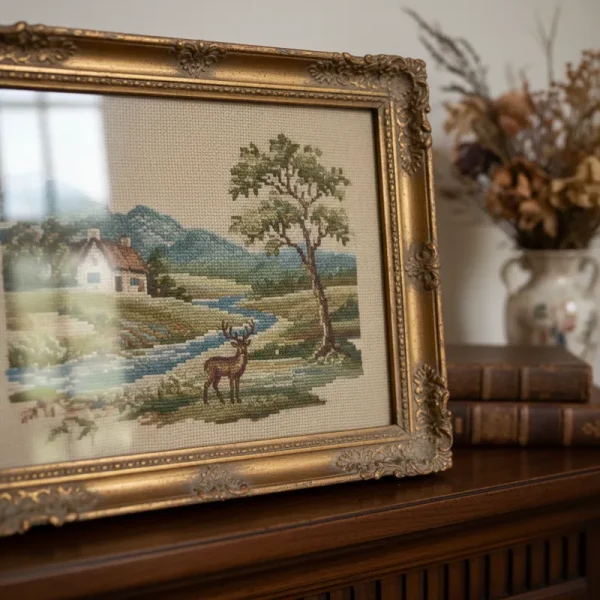 Vintage framed embroidery showcasing delicate floral needlework in a rustic wooden frame.