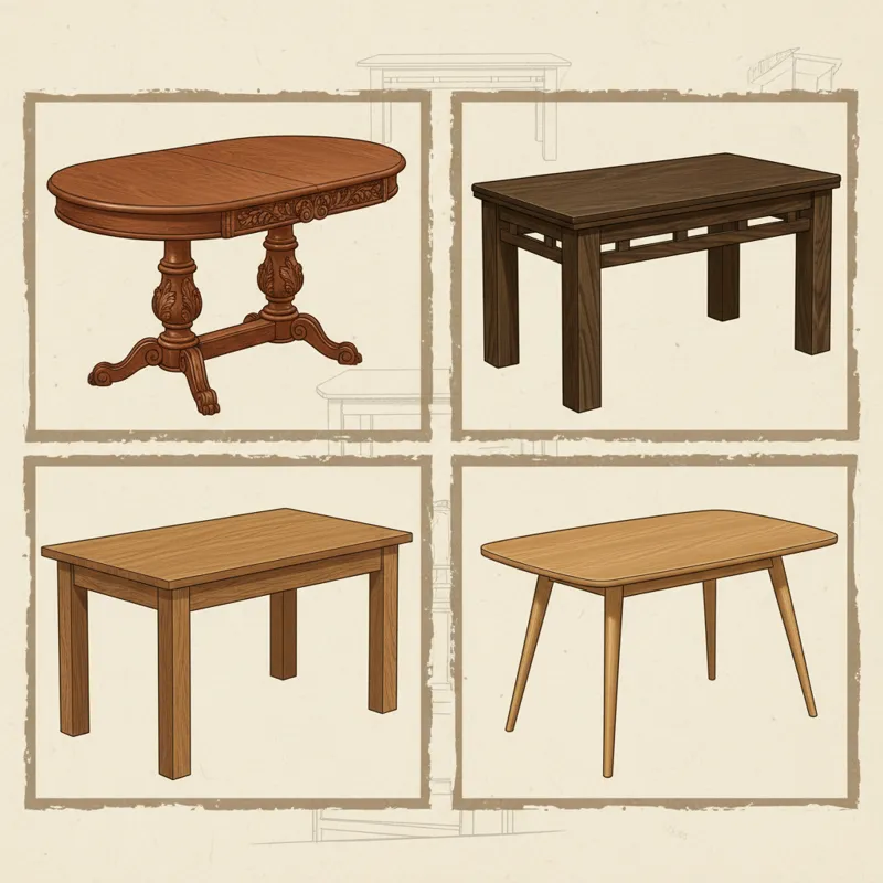A visual collage showcasing distinct vintage oak dining tables from different eras: Victorian, Arts and Crafts, Mission, and Mid-Century Modern, highl