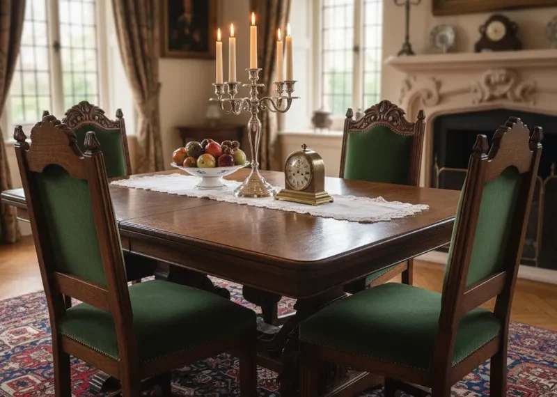 Vintage solid oak dining table with a rustic, aged finish, ideal for farmhouse or traditional dining room decor.