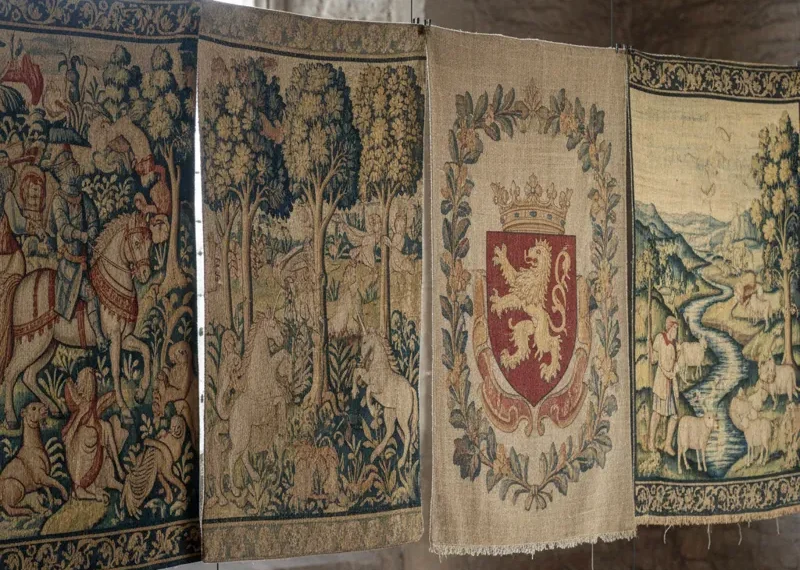 Close-up of a richly detailed vintage tapestry featuring a classic floral motif in muted tones, showcasing its intricate woven texture and antique quality.