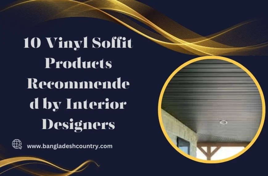 Graphic titled '10 Vinyl Soffit Products Recommended by Interior Designers,' showing a circular inset image of dark grey vinyl soffit installed on a building exterior with a recessed light and stone wall.