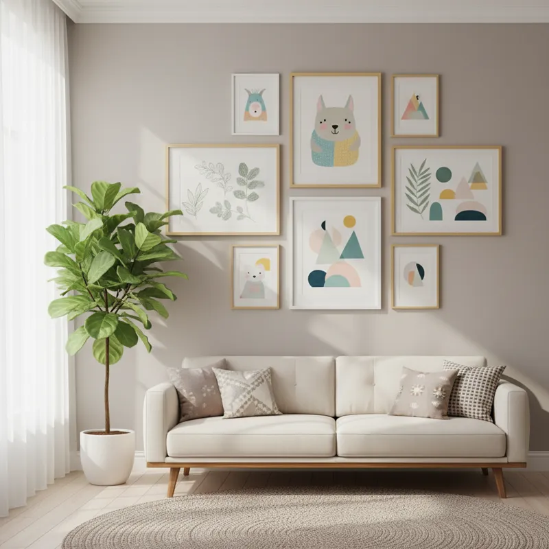 A vibrant gallery wall featuring various styles of cute wall art, including whimsical animals, minimalist botanicals, and playful abstract shapes, arr