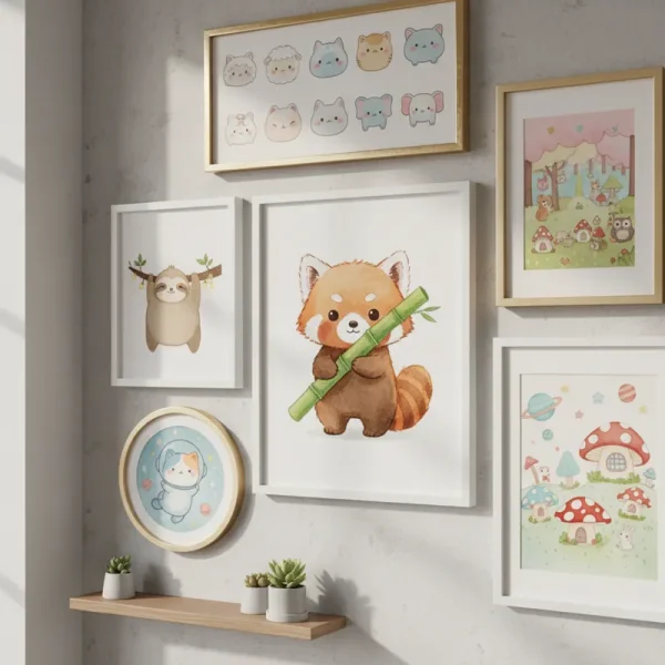 Cute wall art featuring whimsical animals and playful designs for a nursery or child's room.