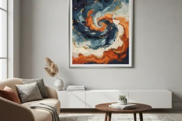 Large abstract canvas wall art featuring blue, grey, and gold tones hanging above a beige sofa in a modern living room with natural light.