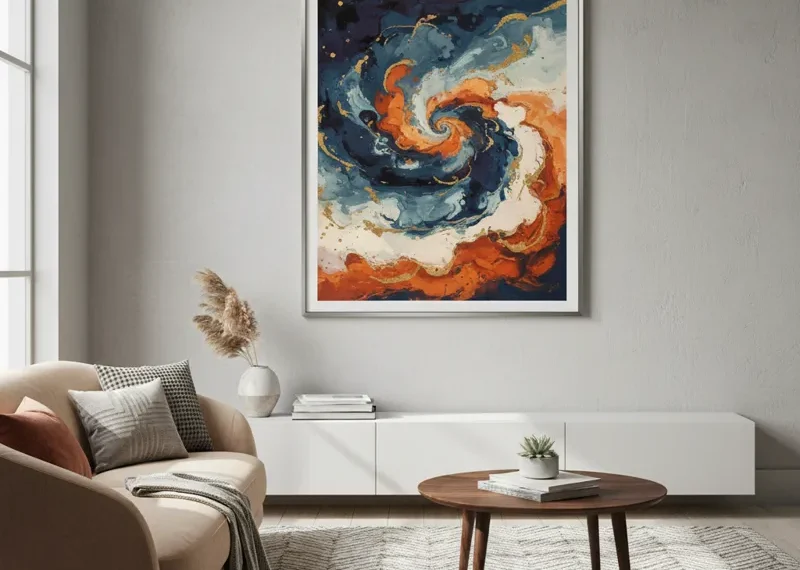 Large abstract canvas wall art featuring blue, grey, and gold tones hanging above a beige sofa in a modern living room with natural light.