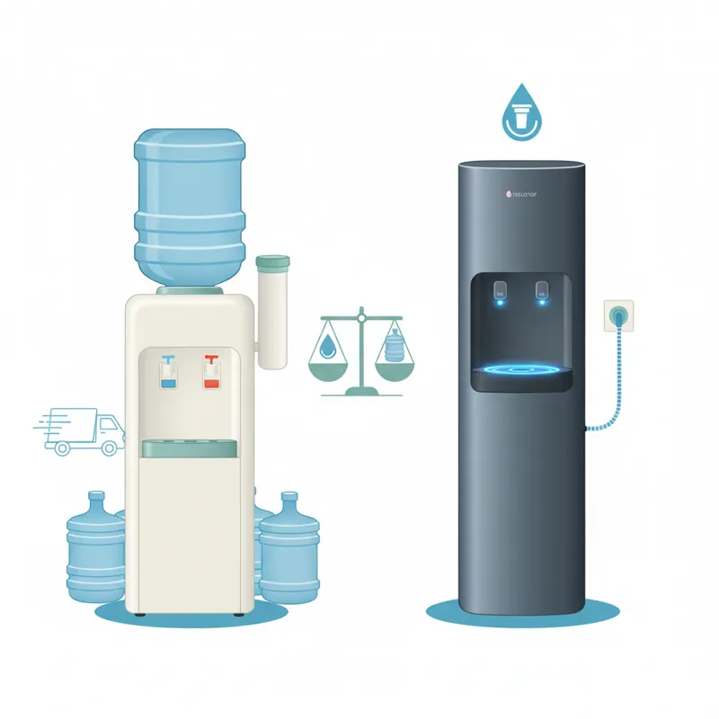 An infographic illustrating the differences between bottled and bottleless water dispensers, showing a classic bottled cooler next to a sleek bottlele
