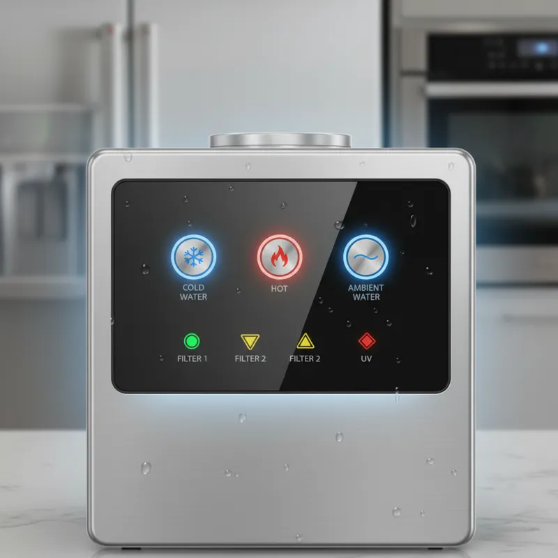 A detailed close-up shot of a water dispenser control panel, highlighting buttons for cold, hot, and ambient water, along with filter indicators.