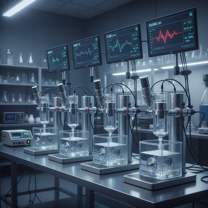 A laboratory setting with various water dispensers undergoing tests, showing sensors measuring water temperature, flow rates, and sound levels.