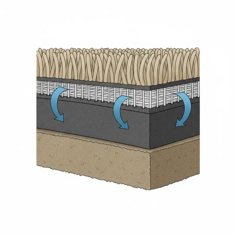 close-up cross-section diagram of waterproof carpet showing face fibers, primary backing, integrated waterproof barrier layer, and secondary backing,