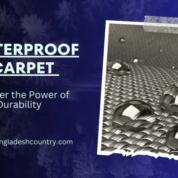 Advertisement for waterproof carpet featuring large text 'WATERPROOF CARPET' and 'Discover the Power of Durability'. On the right, a framed image shows multiple water droplets perfectly beading on a gray woven fabric, emphasizing its water-repellent property. The website www.bangladeshcountry.com is at the bottom.