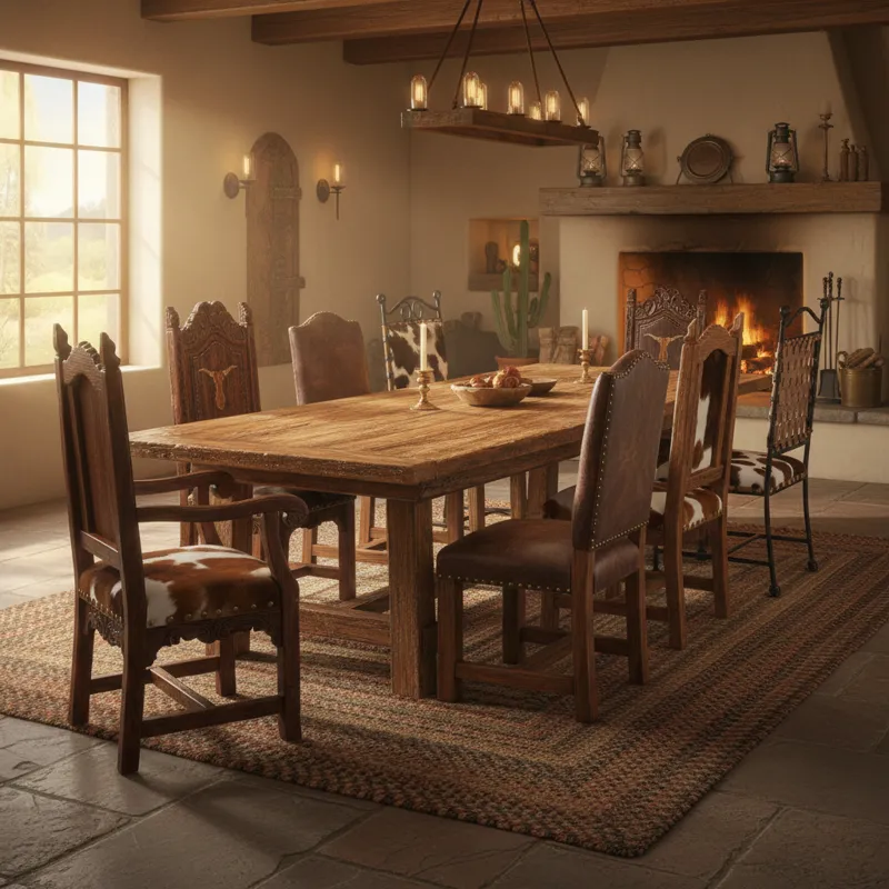 A detailed image showcasing various styles of western dining chairs around a rustic wooden dining table. Some chairs are carved wood, others feature l