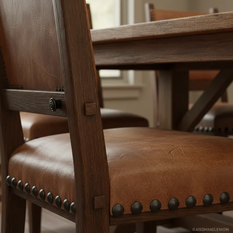 A close-up, detailed shot of a western dining chair, highlighting the craftsmanship. Focus on the joinery of the wooden frame, the texture of a distre