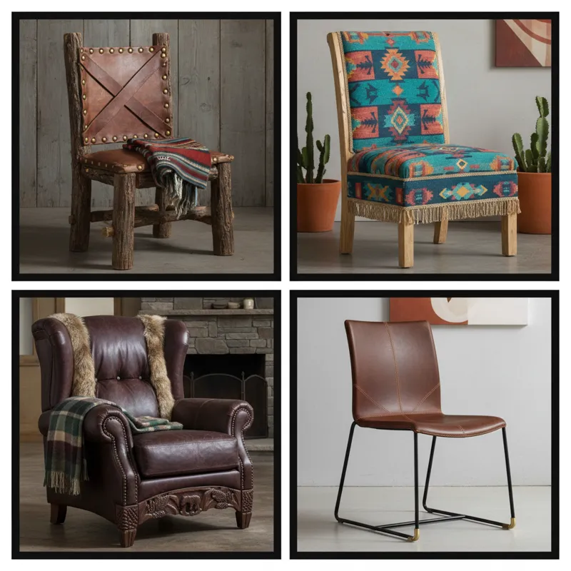 A collage or side-by-side comparison of four different Western dining chair styles: a rugged rustic ranch chair, a vibrant Southwestern chair with fab
