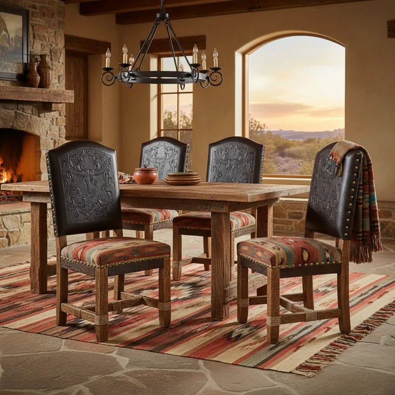Rustic western dining chairs with dark brown leather upholstery, nailhead trim, and sturdy wooden frames, ideal for farmhouse or ranch-style dining rooms.