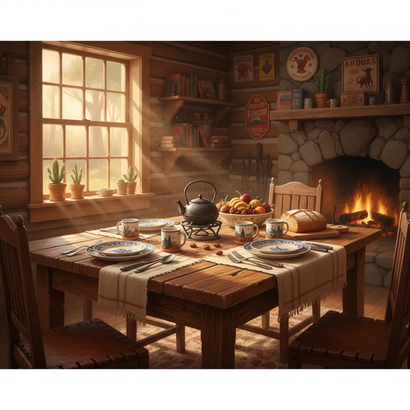 A beautifully set western kitchen table in a rustic home, bathed in warm sunlight, with a focus on its rugged wood texture and classic design.