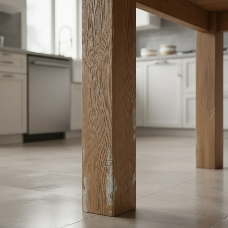 A detailed close-up of a sturdy wooden kitchen table leg, showing the grain and a subtle distressed finish, against a blurred background of a modern k