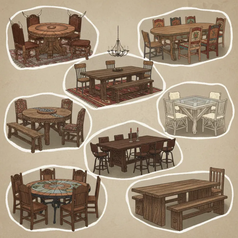 A collage of 10 different stylish western kitchen tables, each distinct in design but sharing a common rustic elegance, against a neutral background.