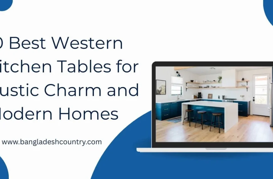 Graphic displaying the title '10 Best Western Kitchen Tables for Rustic Charm and Modern Homes' alongside a laptop showing a modern kitchen with a large white island, three dark stools, dark blue lower cabinets, white countertops, and open wooden shelving.