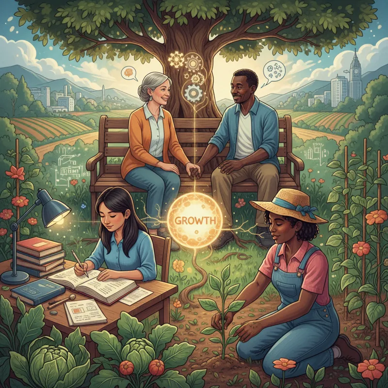 A diverse group of people tending to different forms of growth: a gardener with plants, a student studying, a couple engaging in conversation, all ill