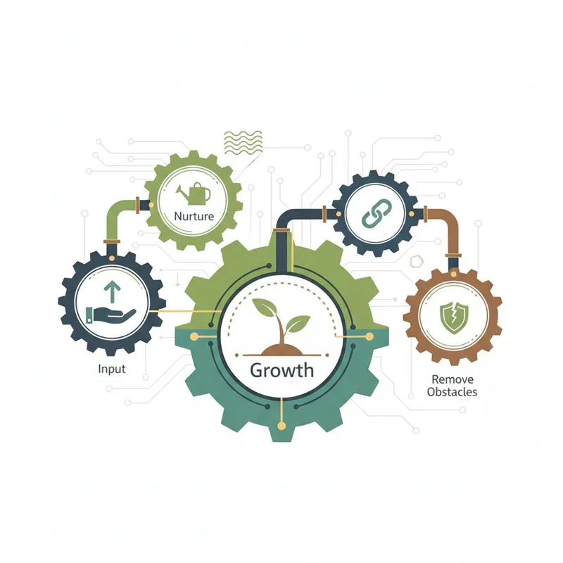A stylized infographic showing gears and interconnected processes, with labels like