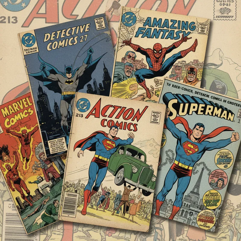 A dynamic collage featuring iconic covers of Action Comics #1, Detective Comics #27, Superman #1, Amazing Fantasy #15, and Marvel Comics #1. The cover