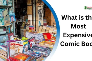 A crowded outdoor book market stall filled with stacks of books and comic books, alongside a white panel with the question 'What is the Most Expensive Comic Book?' and the Bangladesh Country logo.