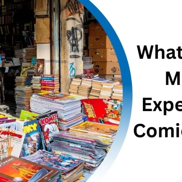A crowded outdoor book market stall filled with stacks of books and comic books, alongside a white panel with the question 'What is the Most Expensive Comic Book?' and the Bangladesh Country logo.