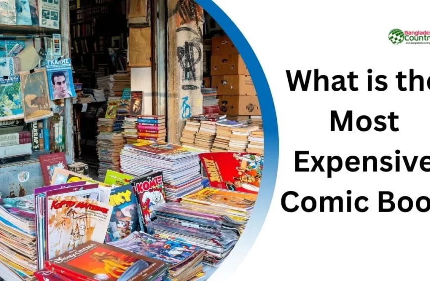 A crowded outdoor book market stall filled with stacks of books and comic books, alongside a white panel with the question 'What is the Most Expensive Comic Book?' and the Bangladesh Country logo.