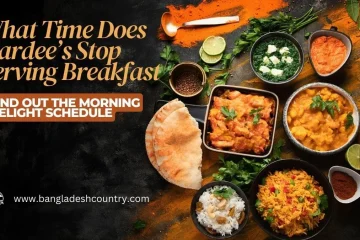 A visually rich flat lay of various Indian and South Asian dishes, including different curries, rice, and flatbread, garnished with fresh herbs, limes, and spices on a dark, textured background. Overlaying the image is the question 'What Time Does Hardee’s Stop Serving Breakfast?' and the call to action 'FIND OUT THE MORNING DELIGHT SCHEDULE,' along with the website www.bangladeshcountry.com.