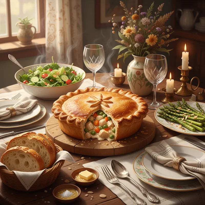 A beautifully arranged dinner table featuring a golden-crusted chicken pot pie as the centerpiece, surrounded by various vibrant, fresh side dishes li