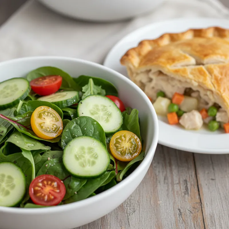 A close-up of a crisp, fresh mixed green salad with a light vinaigrette, cherry tomatoes, and cucumber slices, served in a simple white bowl next to a