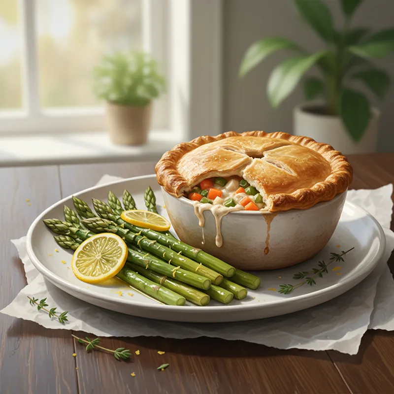 A plate of perfectly roasted asparagus spears with a hint of lemon, next to a portion of golden chicken pot pie, illustrating a balanced meal.