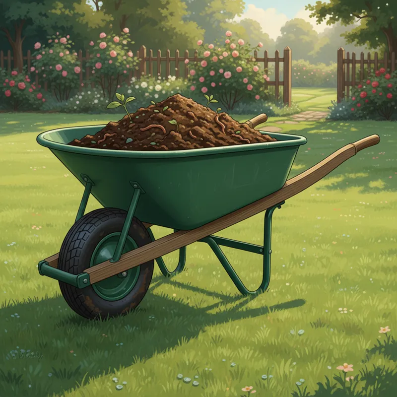 A well-maintained, heavy-duty wheelbarrow loaded with garden soil, ready for transport across a lawn.