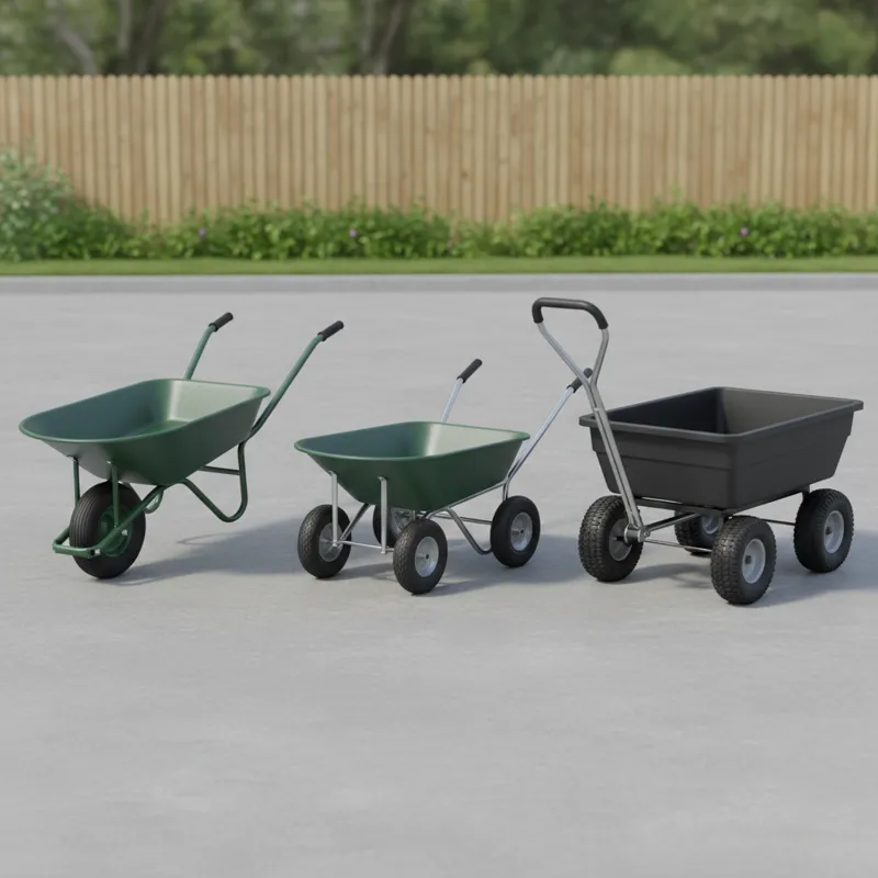 A comparative image showing a classic single-wheel wheelbarrow, a stable dual-wheel model, and a robust four-wheel garden dump cart, all empty and on