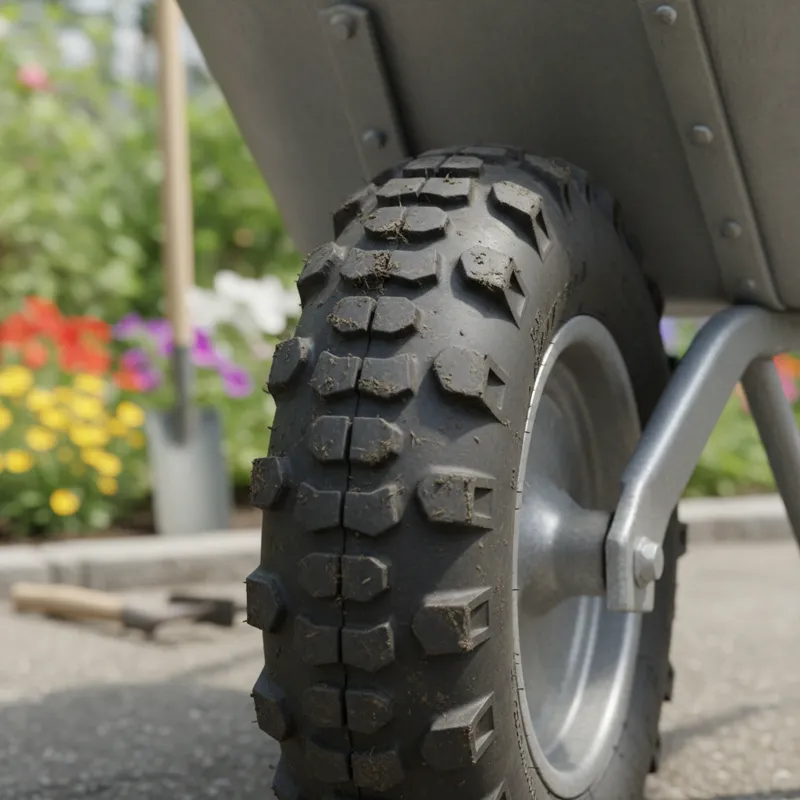 A close-up shot focusing on the tire of a heavy-duty wheelbarrow, showing its tread pattern and robust construction, with a blurred garden background.