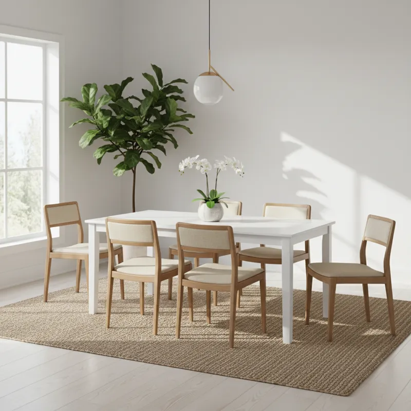 A clean, modern white 5 piece dining set in a bright, airy dining room. The table is rectangular, and the four chairs are upholstered in a light fabri