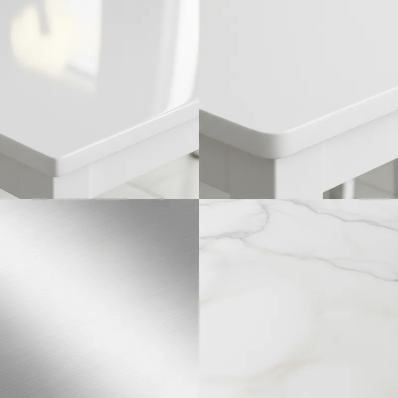 A close-up collage showing different textures of white dining furniture materials: glossy lacquered wood, matte painted MDF, polished metal, and a pri