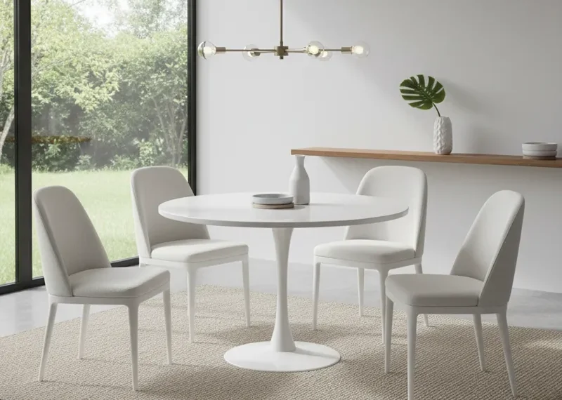 Modern white 5 piece dining set featuring a round dining table and four matching chairs in a clean, contemporary style, ideal for small dining areas or kitchens.