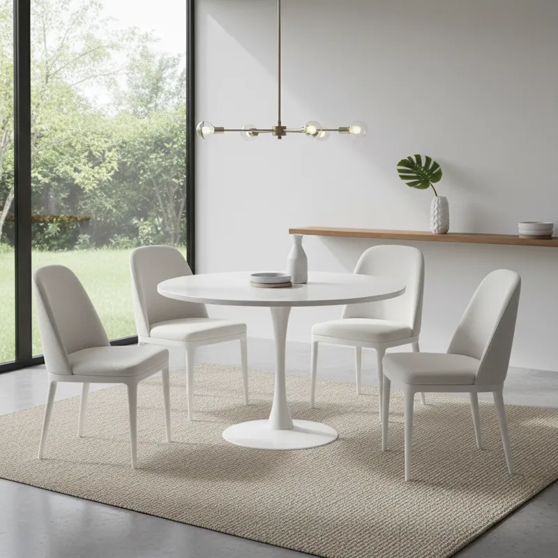 Modern white 5 piece dining set featuring a round dining table and four matching chairs in a clean, contemporary style, ideal for small dining areas or kitchens.