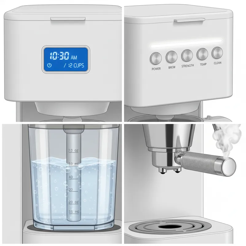 A collage of close-up details on various white coffee makers, highlighting specific features like a digital display, a sleek control panel with tactil